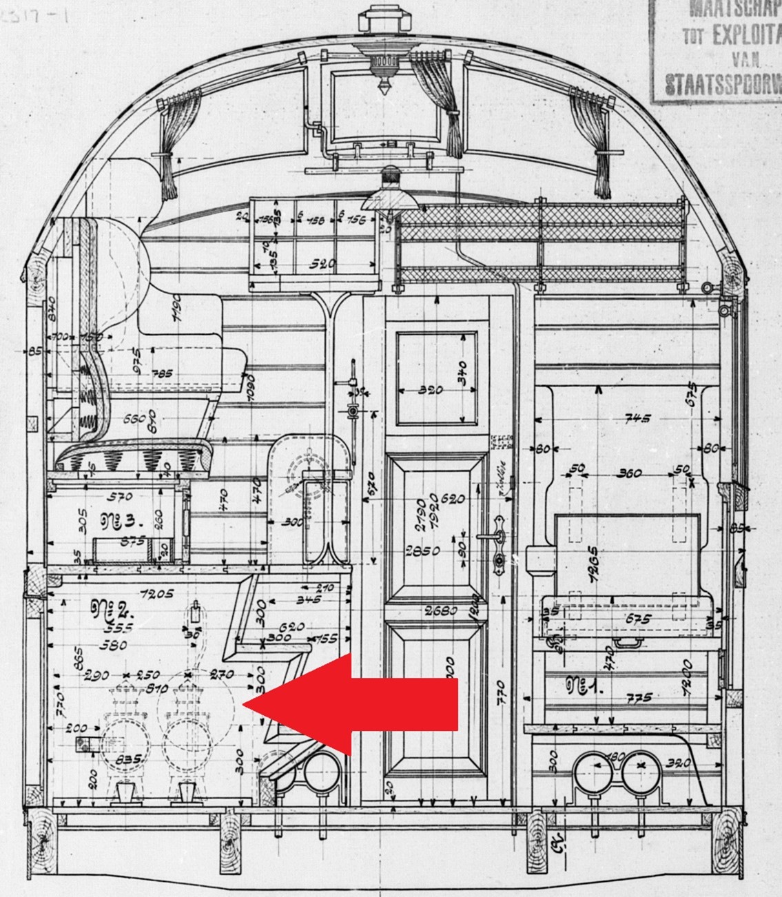 Doorsnedetekening van de 4-assige bagagerijtuigen van de Staatsspoorwegen serie D501 – 528 uit 1919.